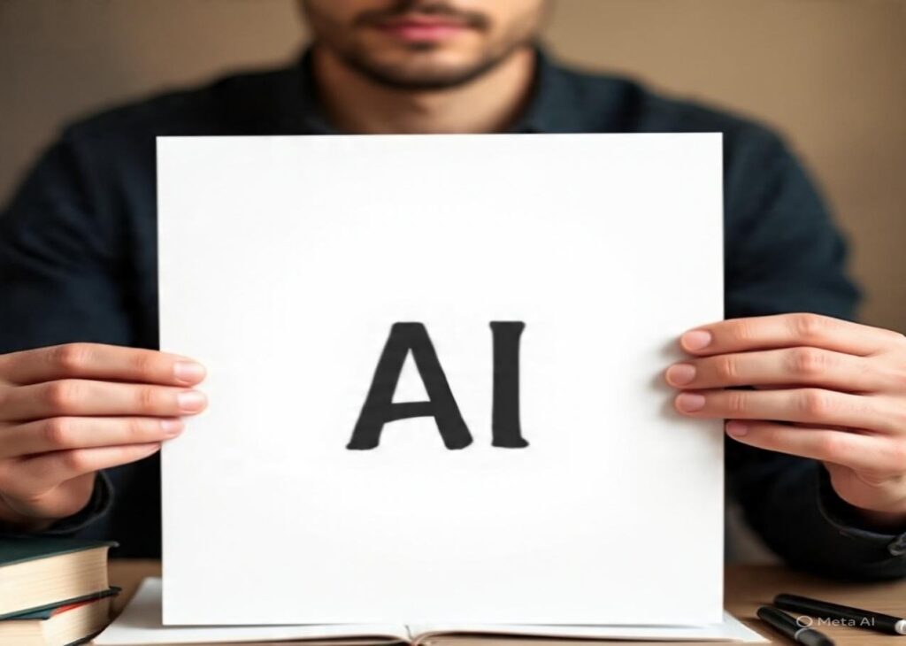 A person holding a banner image of Ai relevant to the topic