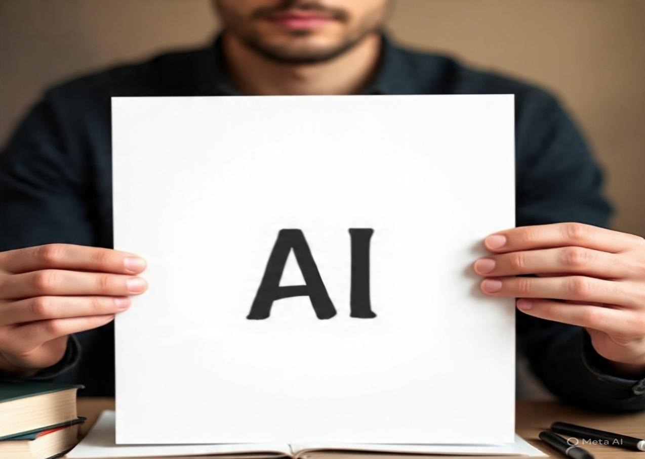 A person holding a banner image of Ai relevant to the topic