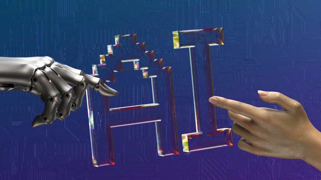 An AI and human hand showing the contrast between human and ai matching perfectly to the article theme